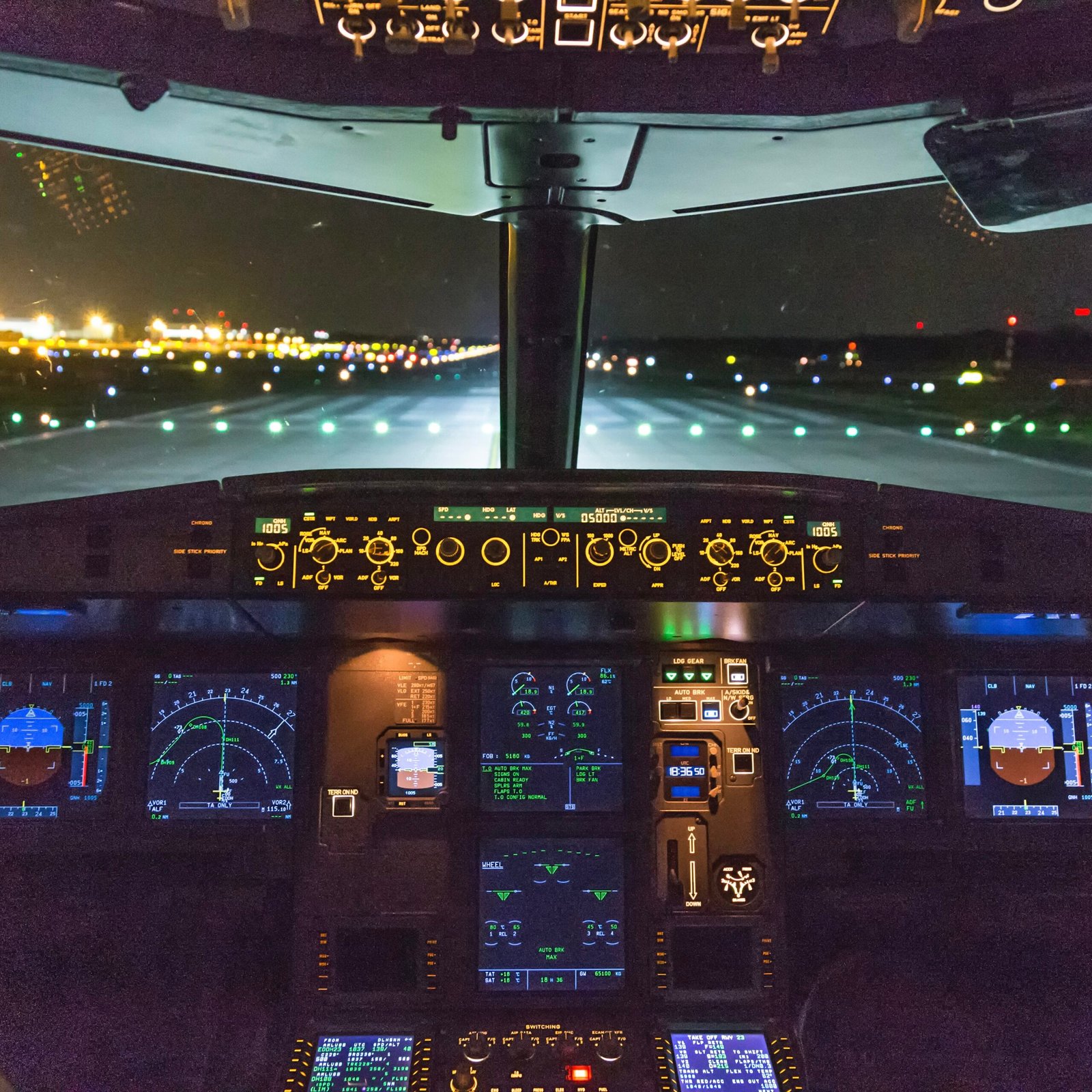 Airbus cockpit at night